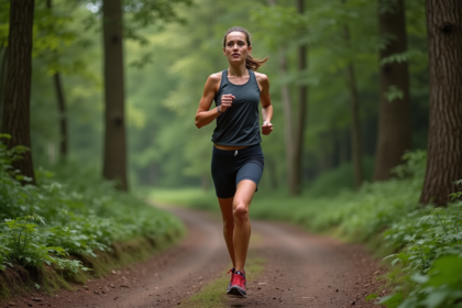 Femme en course dans la forêt avec tenue technique