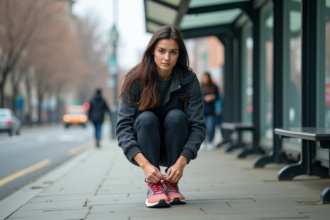 Jeune femme en ville nouant ses chaussures de course colorées