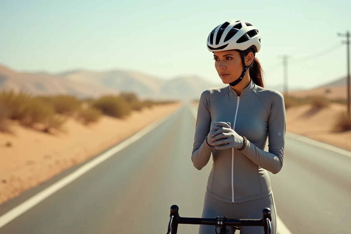 Femme qatarie ajuste ses gants avant de rouler dans le désert