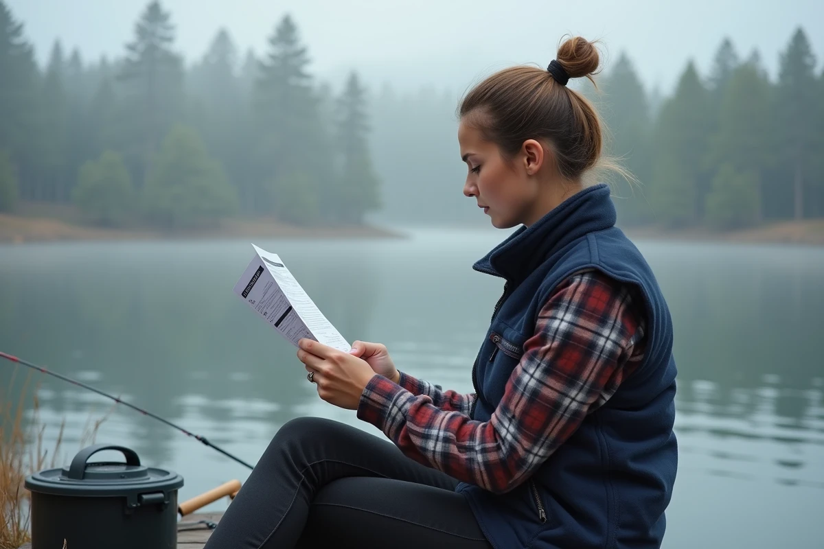 Femme débutante consultant son permis de pêche annuel au bord d'un lac au lever du matin