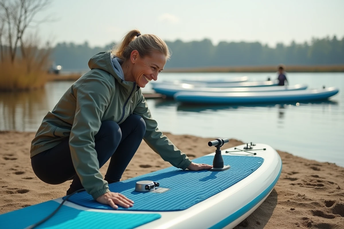 Femme gonflant une planche paddle sur la rive