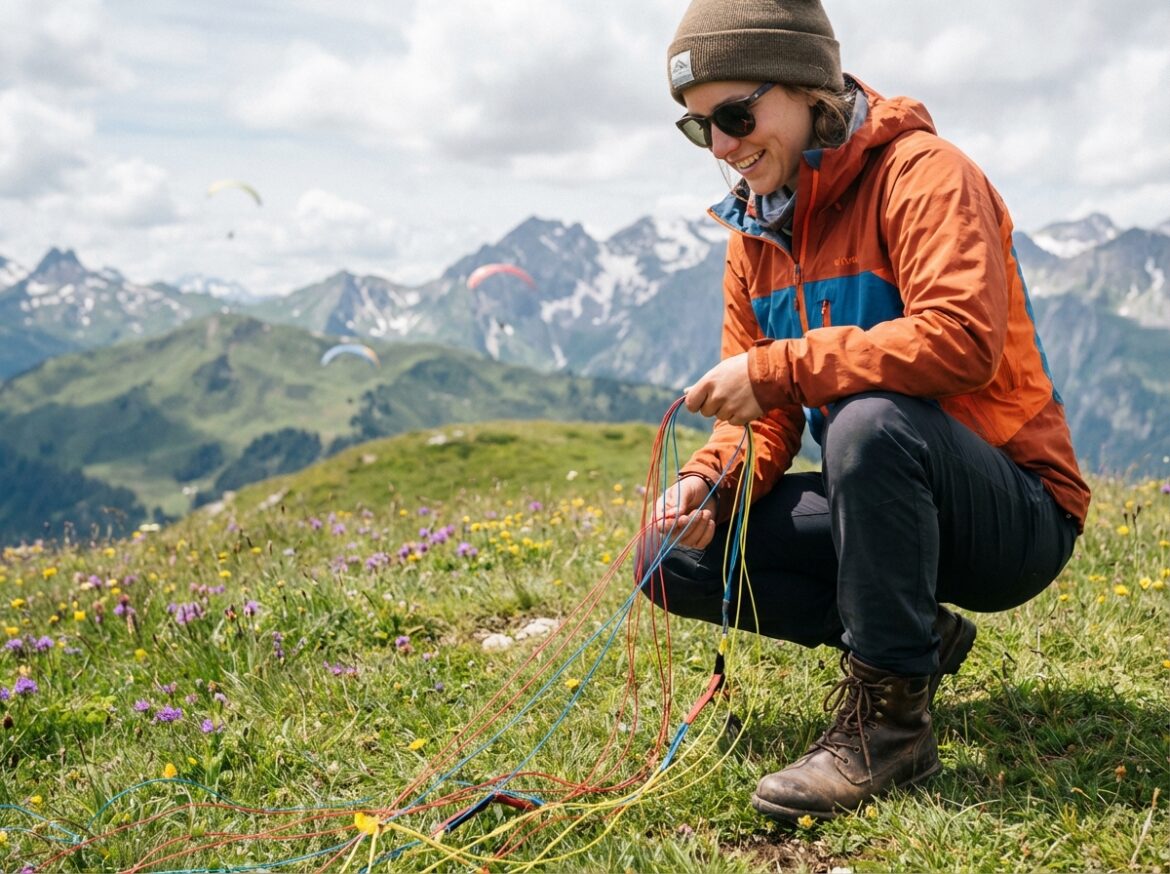 Jeune femme préparant son parapente en montagne
