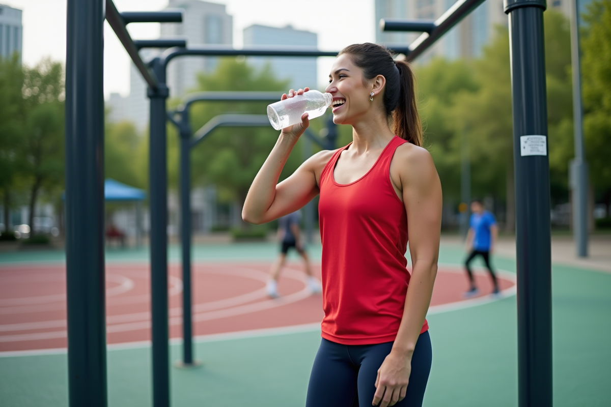 Femme prenant une pause hydratation dans un parc de fitness