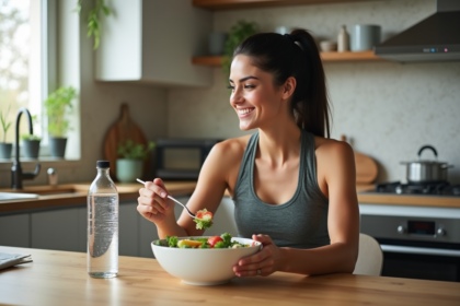 Femme souriante avec salade dans une cuisine moderne