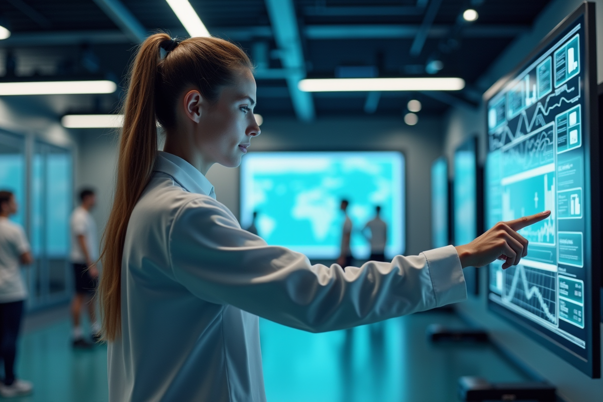 Femme scientifique utilisant interface holographique