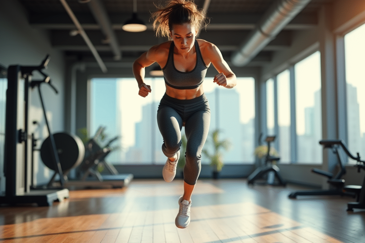 Jeune femme en saut lors d'un entraînement HIIT en salle