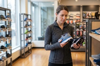 Femme comparant deux paires de chaussures de course