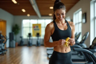 Jeune femme sportive mangeant une banane en salle de sport
