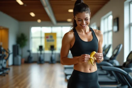 Jeune femme sportive mangeant une banane en salle de sport