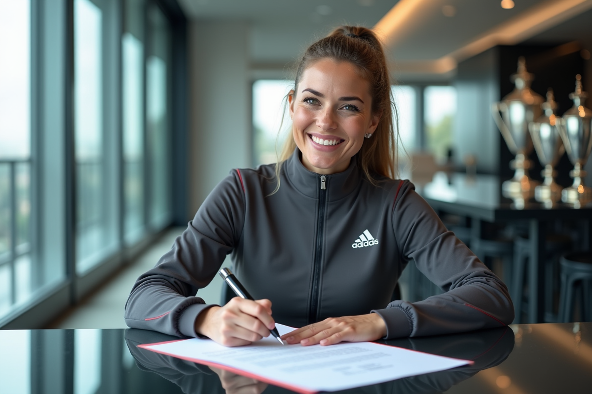 Femme joueuse de tennis signant un contrat dans une salle moderne