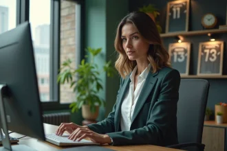 Femme analyste de football assise devant un écran affichant un site de football, dans un bureau moderne avec des maillots encadrés en arrière-plan