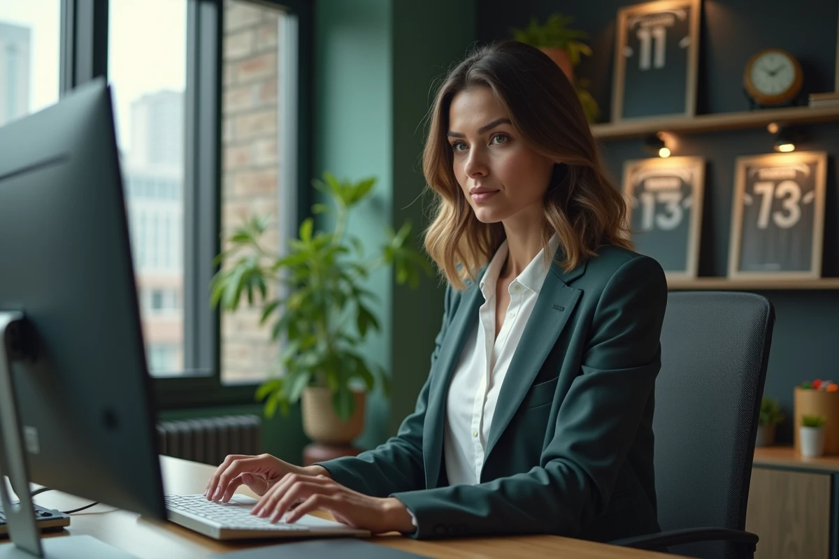 Femme analyste de football assise devant un écran affichant un site de football, dans un bureau moderne avec des maillots encadrés en arrière-plan