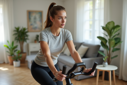 Femme en entraînement à domicile sur vélo stationnaire
