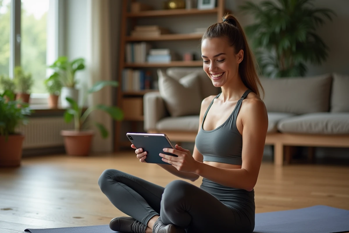 Femme souriante assise sur un tapis de yoga avec une tablette à la maison