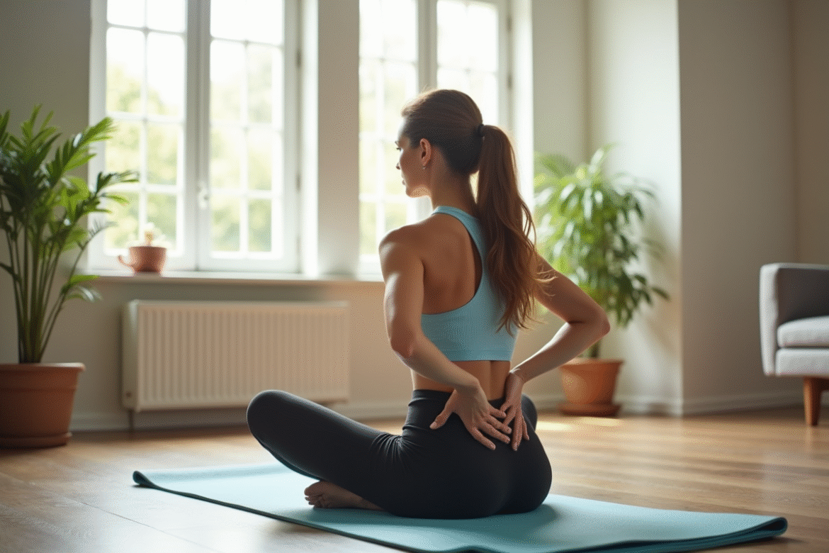 Femme assise sur un tapis de yoga dans un salon lumineux
