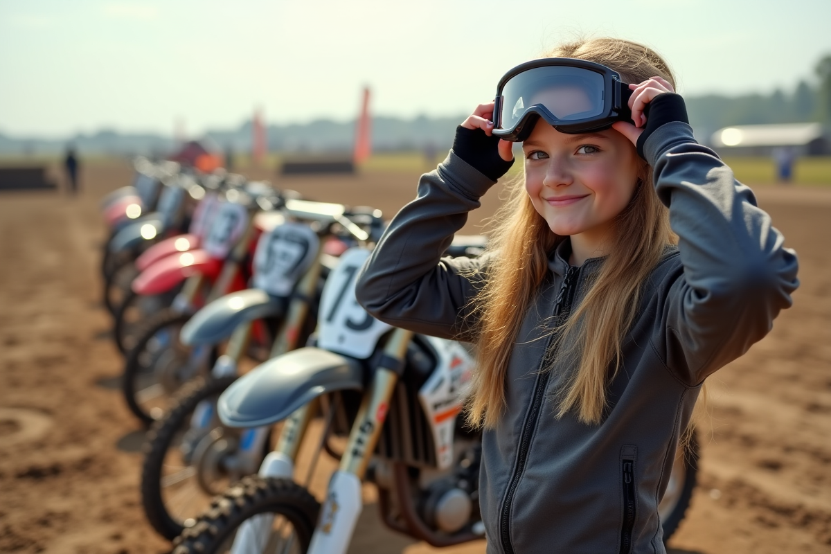 Fille en motocross ajustant ses lunettes devant motos