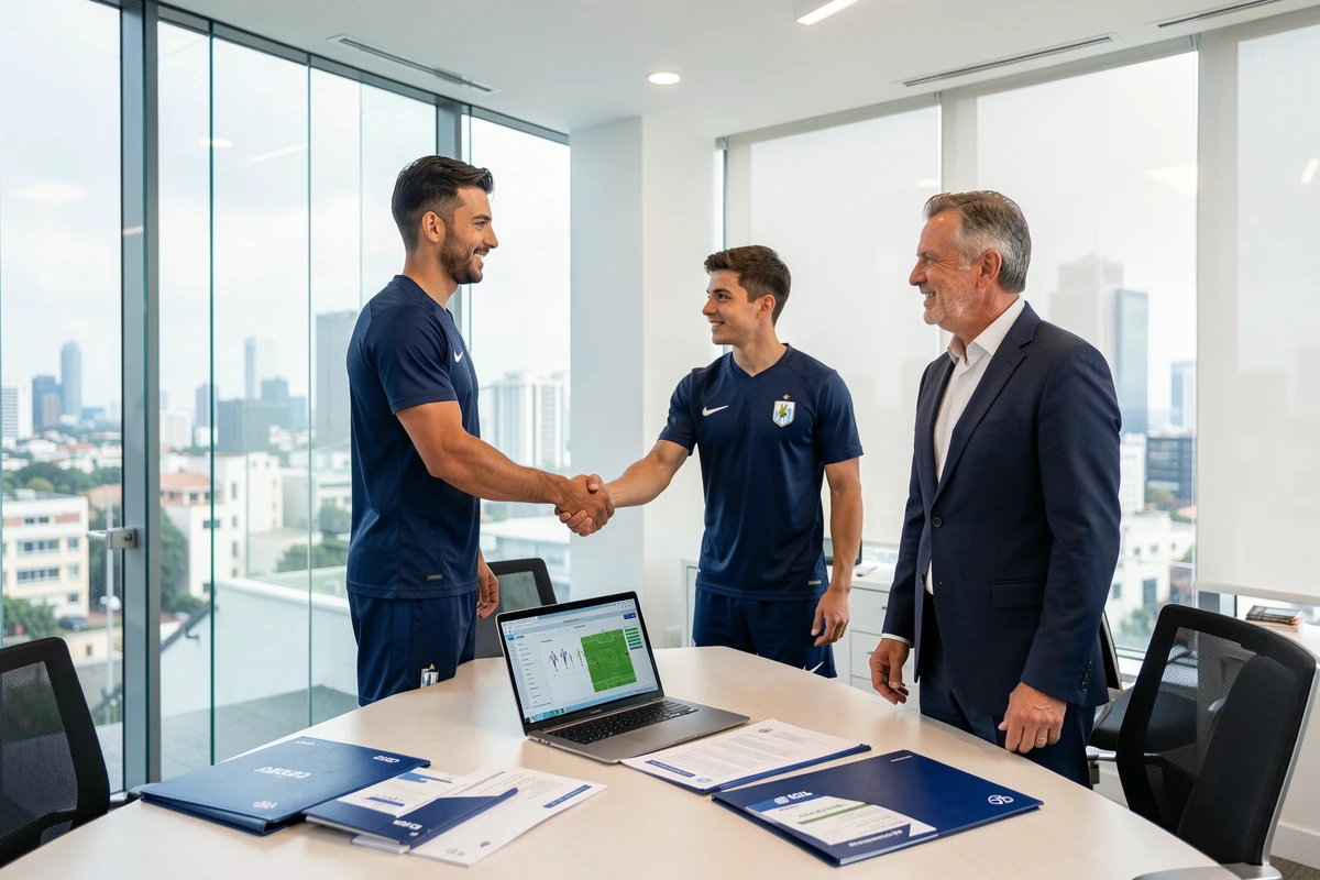 Deux footballeurs argentins rencontrant un recruteur européen dans une salle de réunion moderne d'une agence de football