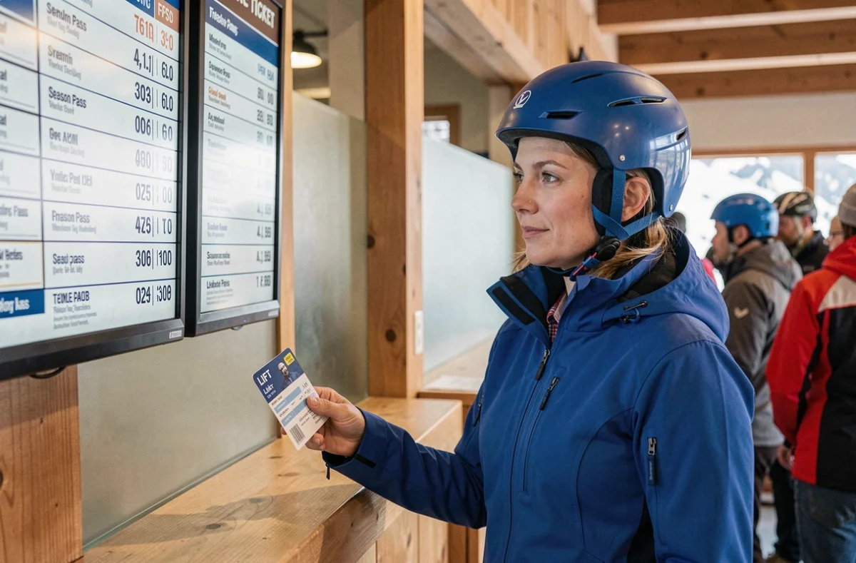Skieuse consultant les tarifs de forfait ski aux Menuires au guichet de la station