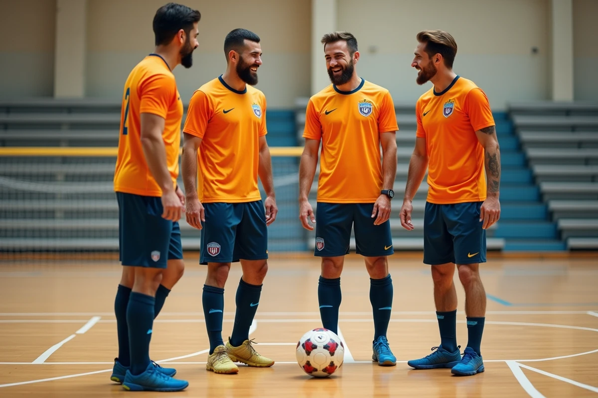 Groupe d'adultes en tenue de football loisir discutant tactique sur un terrain de futsal en salle dans les Yvelines