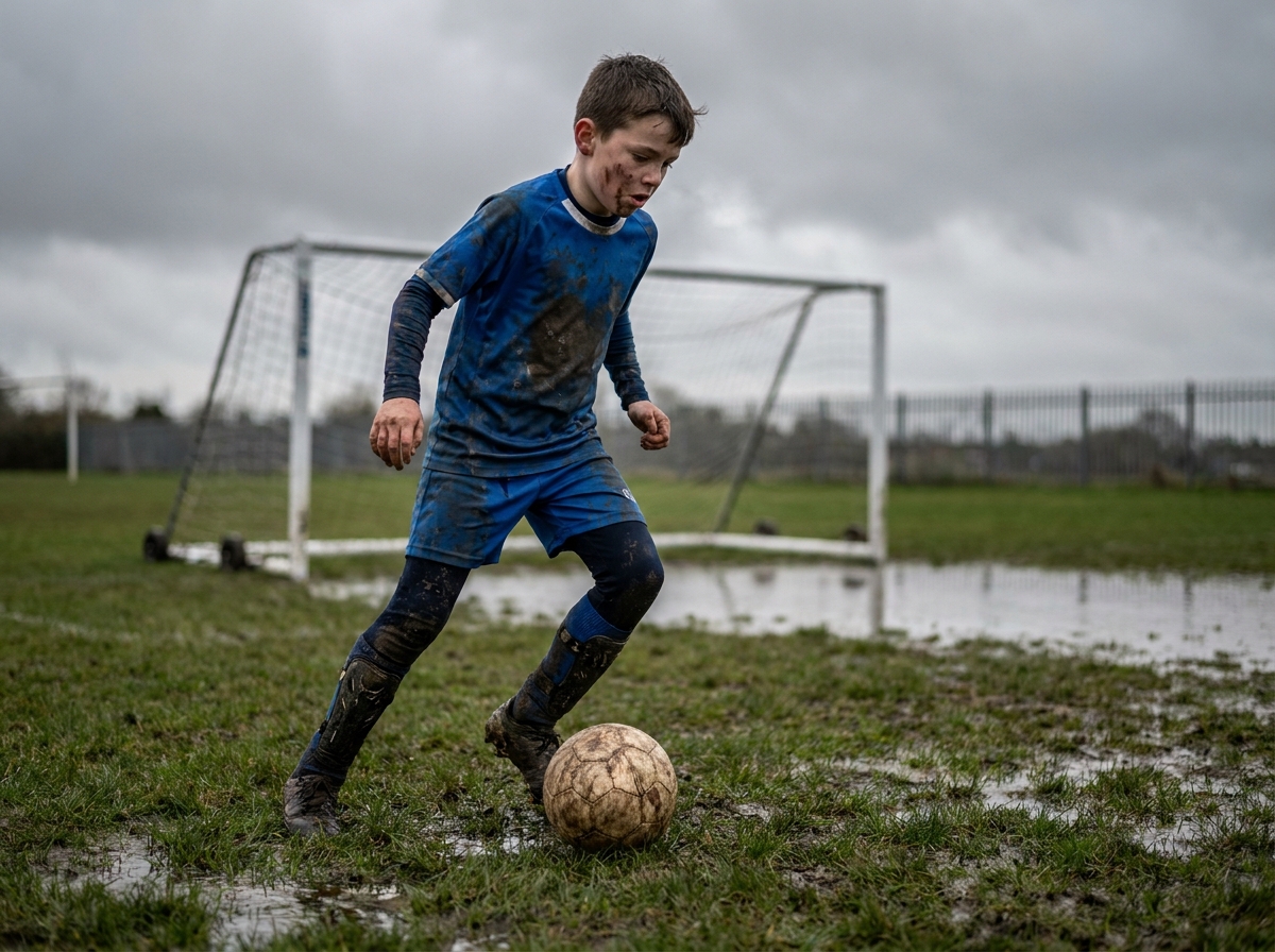 Jeune garçon dribblant un ballon de football sur un terrain boueux lors des vacances scolaires de février