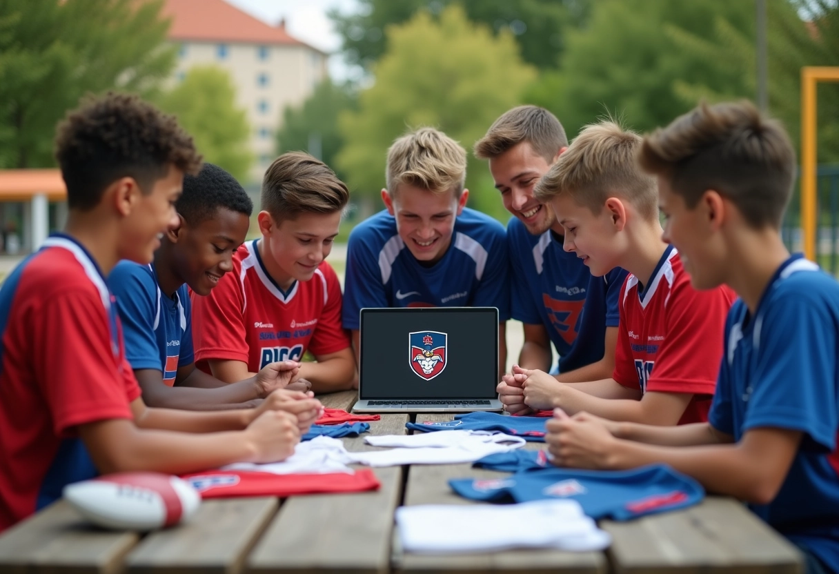 Groupe de jeunes examinant des logos de football sur leurs maillots