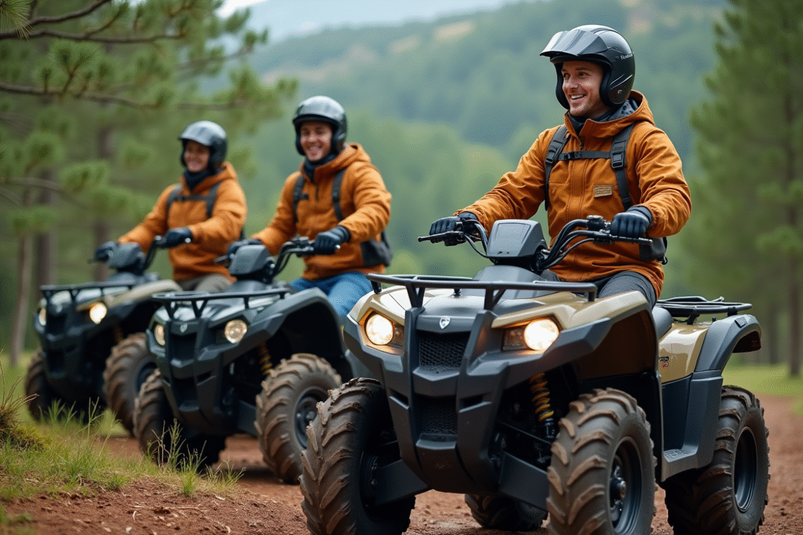 Trois amis souriants sur des quads en forêt verdoyante
