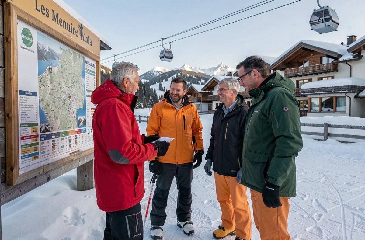 Groupe de skieurs étudiant le panneau des forfaits et la carte des pistes aux Menuires