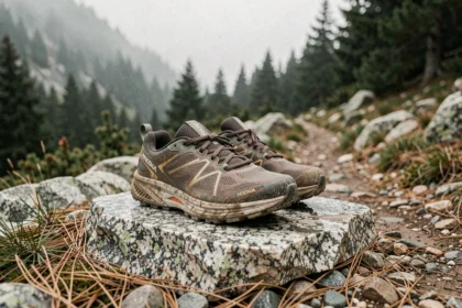 Paire de chaussures de trail Hoka Speedgoat 6 posée sur un rocher en montagne avec semelle crantée visible et texture mesh détaillée