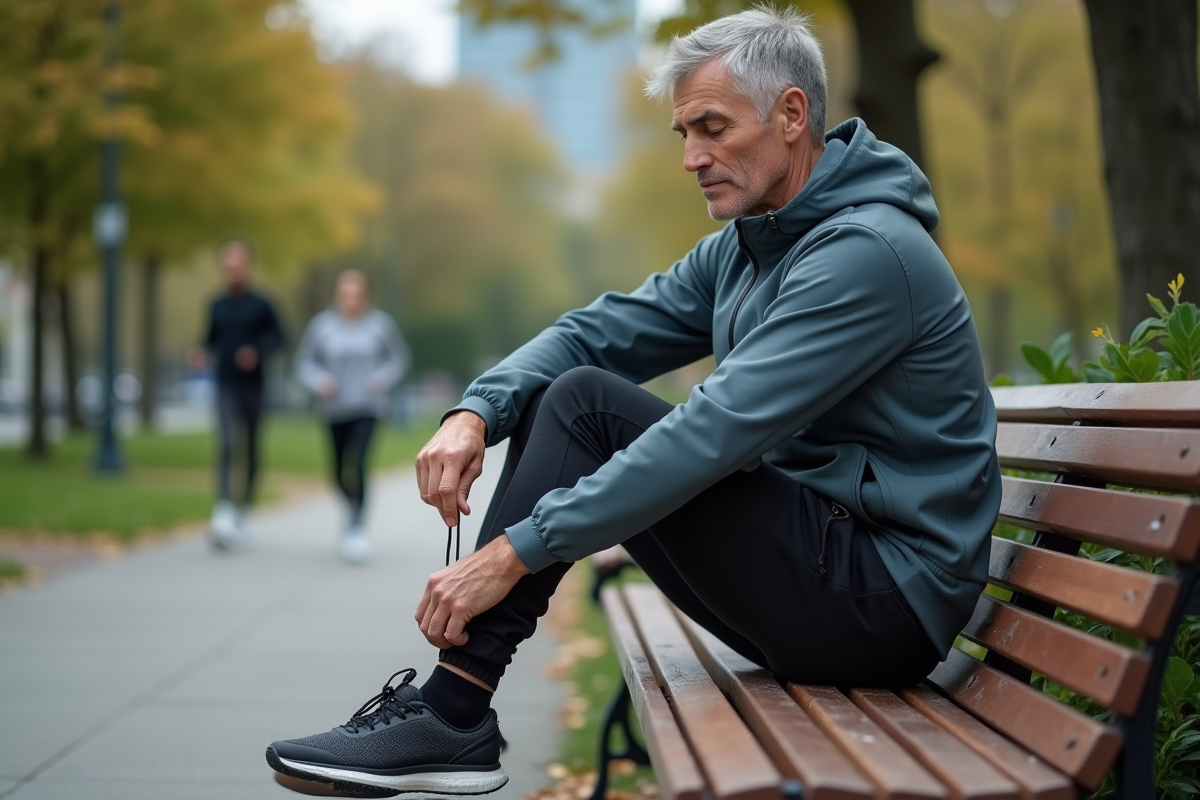 Homme se préparant pour la course dans un parc urbain