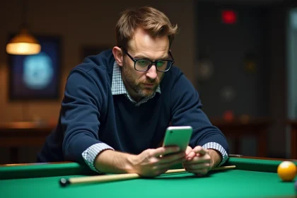 Homme d'âge moyen jouant au billard avec smartphone