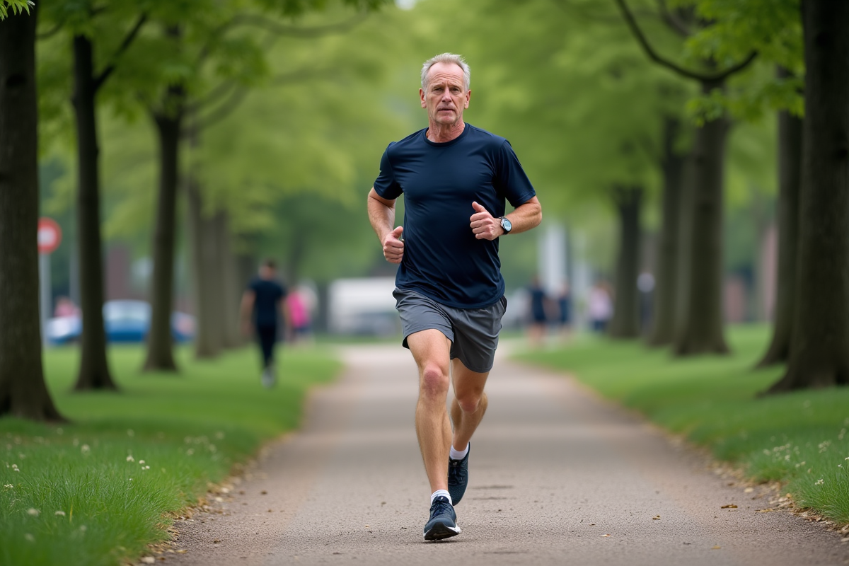 Homme courant dans un parc urbain verdoyant