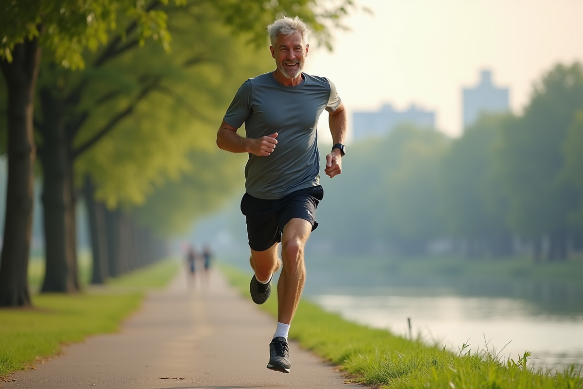 Homme courant en extérieur le long d