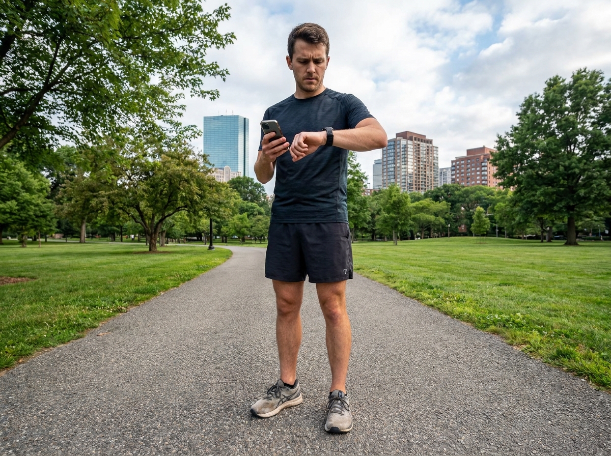 Homme vérifiant sa montre de fitness dans un parc urbain