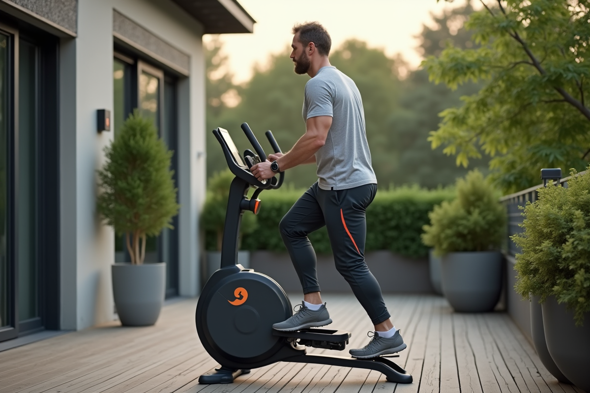 Homme actif utilisant un elliptique en extérieur sur une terrasse