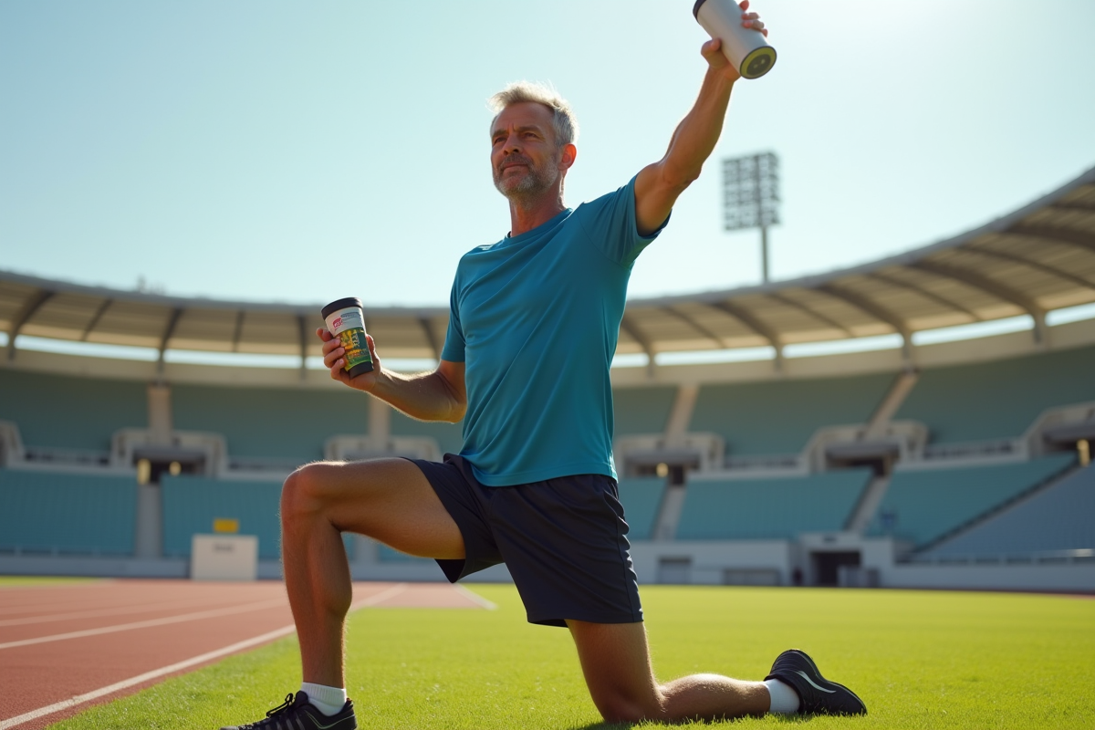 Homme d age moyen s etire sur piste en plein air