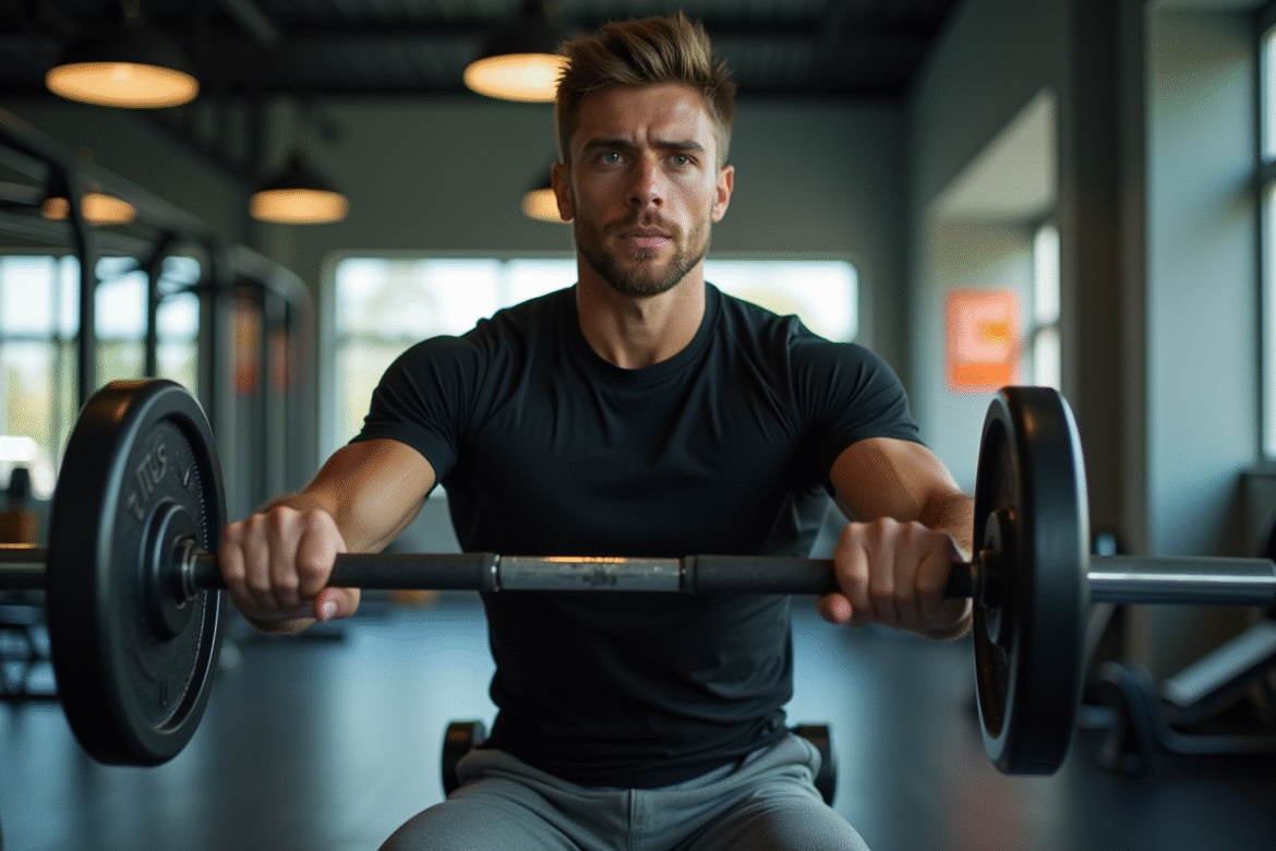 Jeune homme concentré faisant un tirage câble en salle de sport