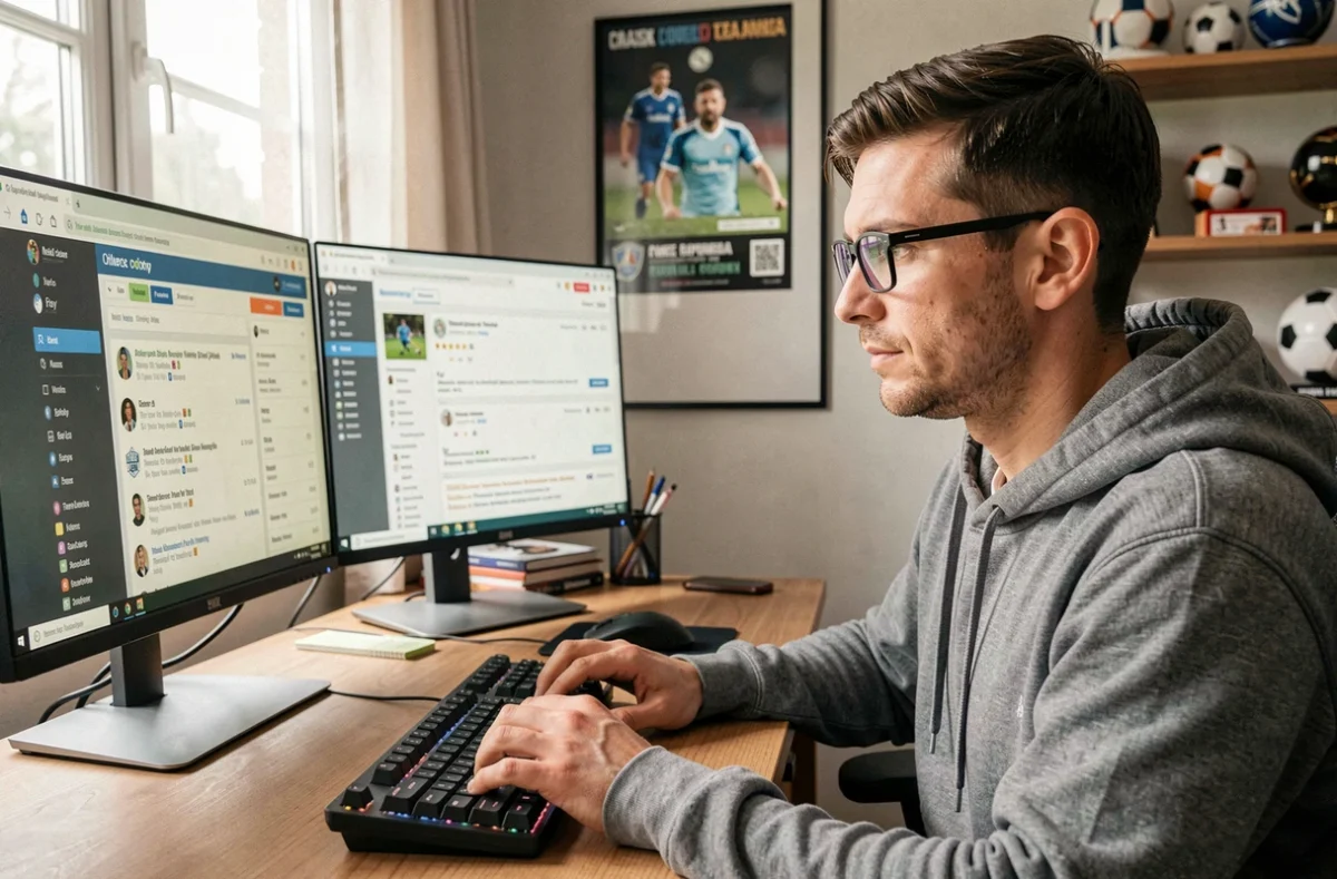 Homme consultant un forum de football ASM sur ses écrans à son bureau à domicile