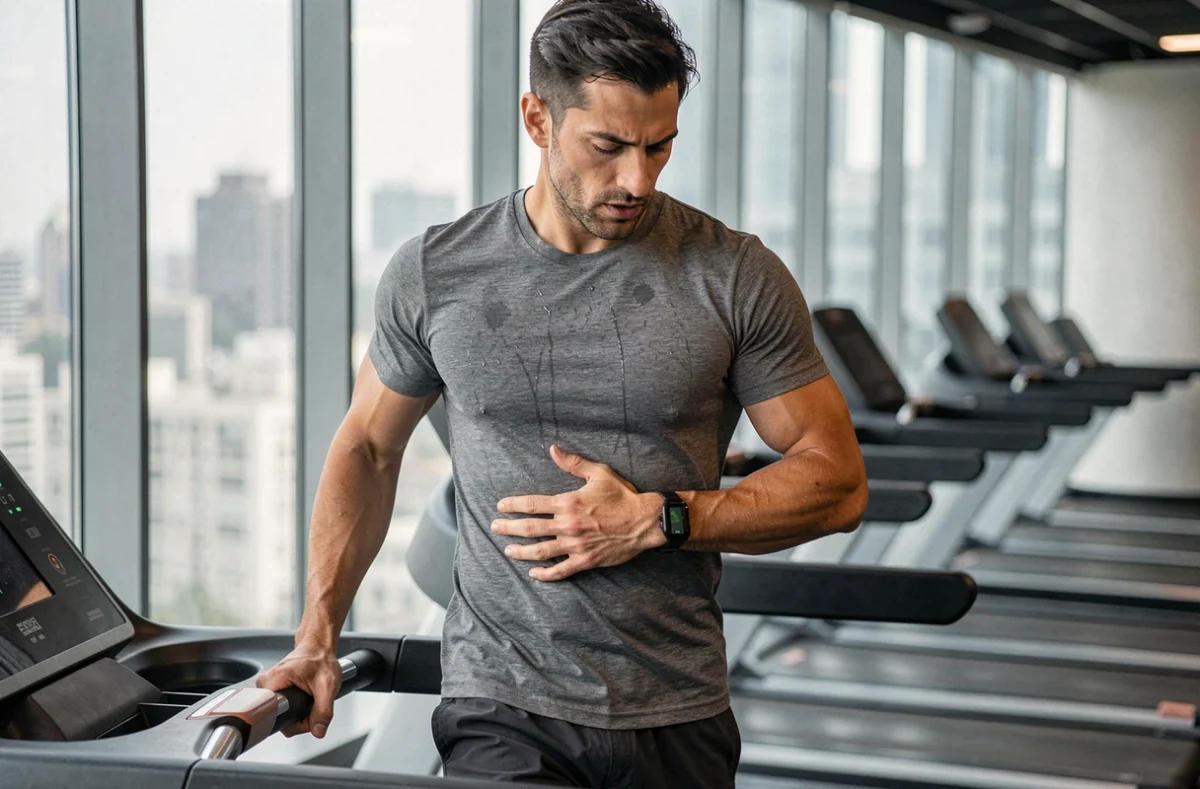 Homme mesurant sa progression abdominale sur tapis roulant lors d'une séance HIIT en salle de fitness
