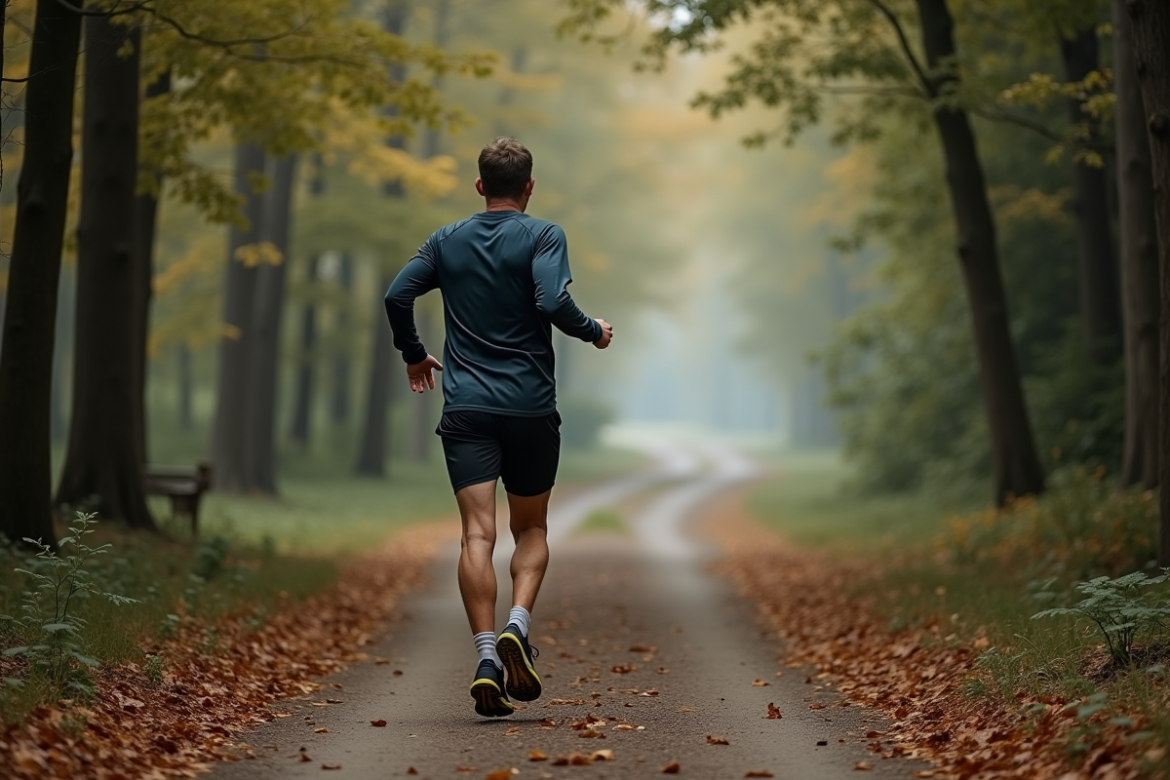 Homme d'âge moyen courant en forêt au matin