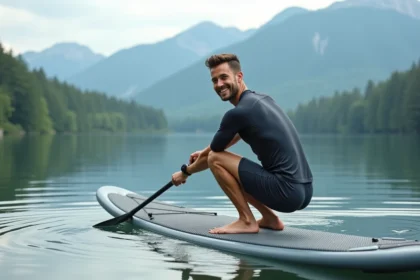 Jeune homme en paddle sur un lac calme avec forêt