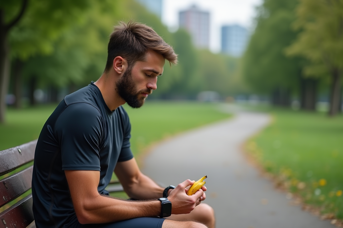 Jeune homme après effort avec banane dans un parc