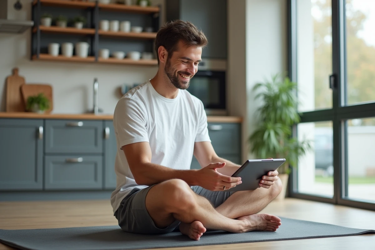 Homme souriant suivant une routine Pilates avec tablette