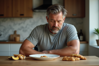 Homme d'âge moyen à la cuisine avec repas sain