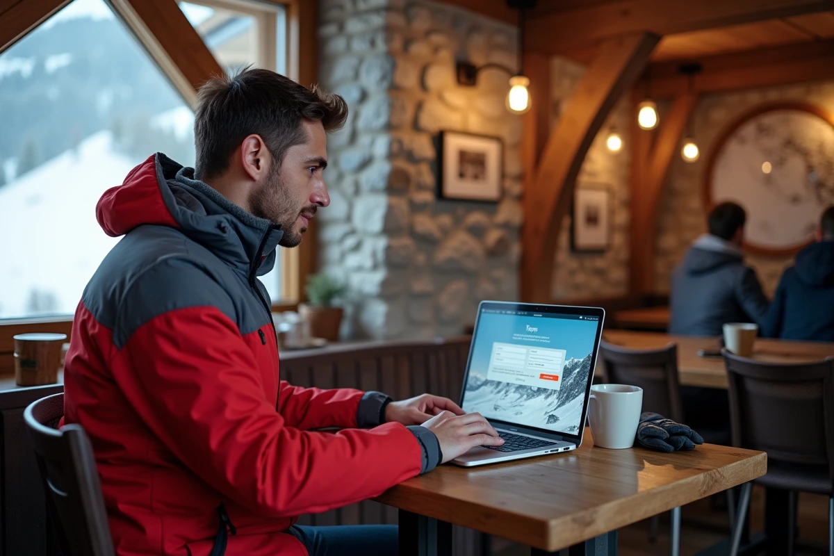 Homme réservant son forfait de ski Tignes en ligne depuis un café de montagne