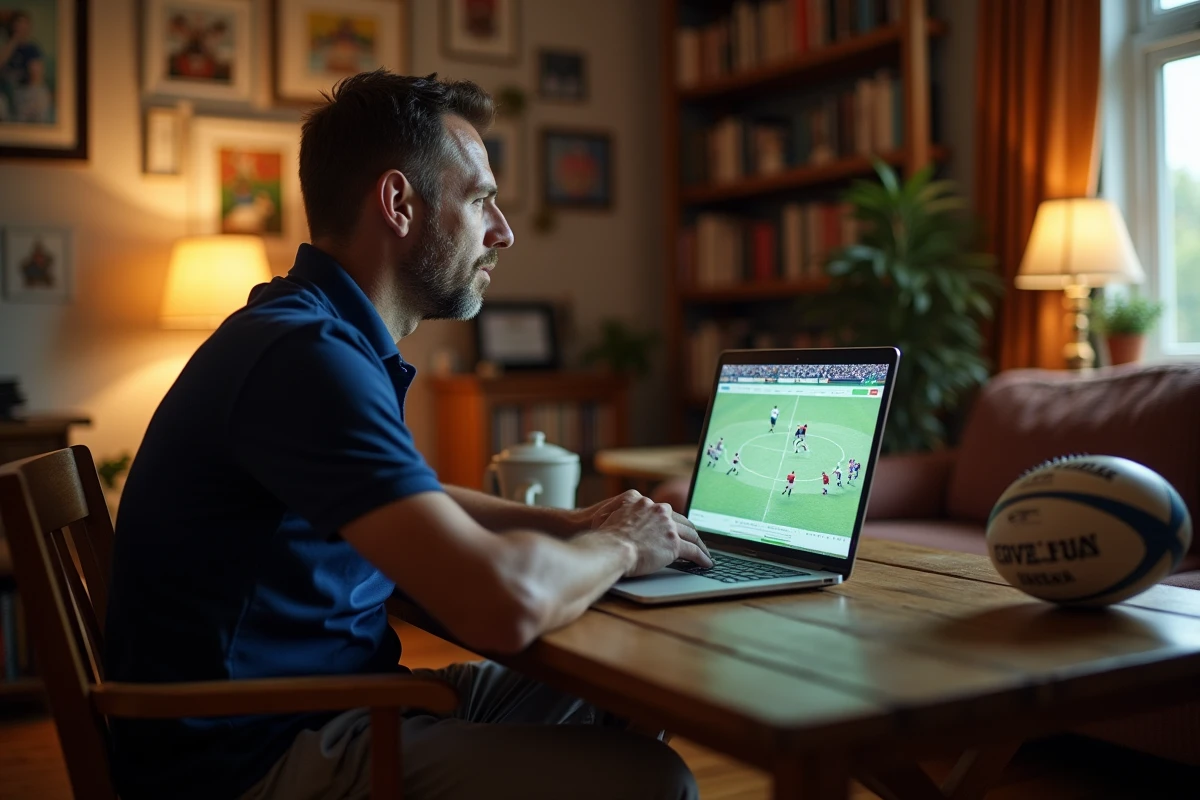 Homme passionne de rugby suivant scores sur son laptop