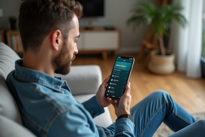 Homme détendu utilisant une application fitness sur smartphone dans un salon