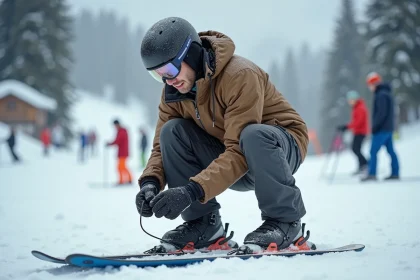 Jeune homme frustré en ski ajustant ses bottes inconfortables