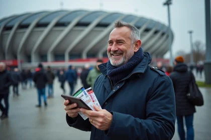 Homme souriant avec tickets rugby devant le Stade de France