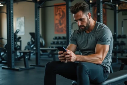 Homme musclé en tenue de sport concentré sur son smartphone au gym