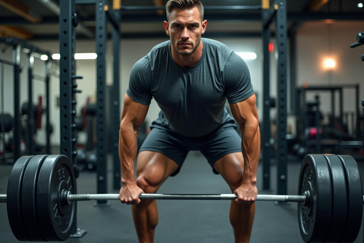Homme musclé en train de deadlift en salle de sport